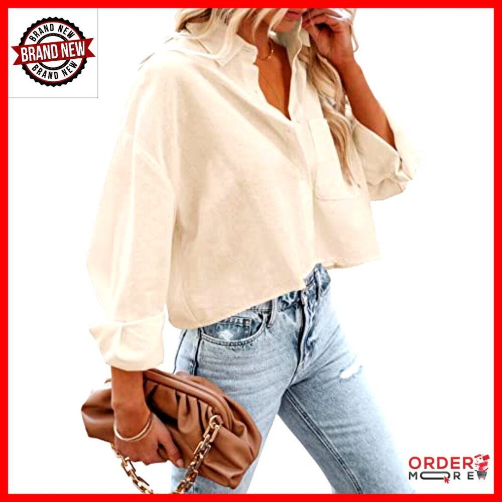 Long Sleeve Button Down Crop Top with Chest Pocket, 100% Cotton - Picture 4 of 7